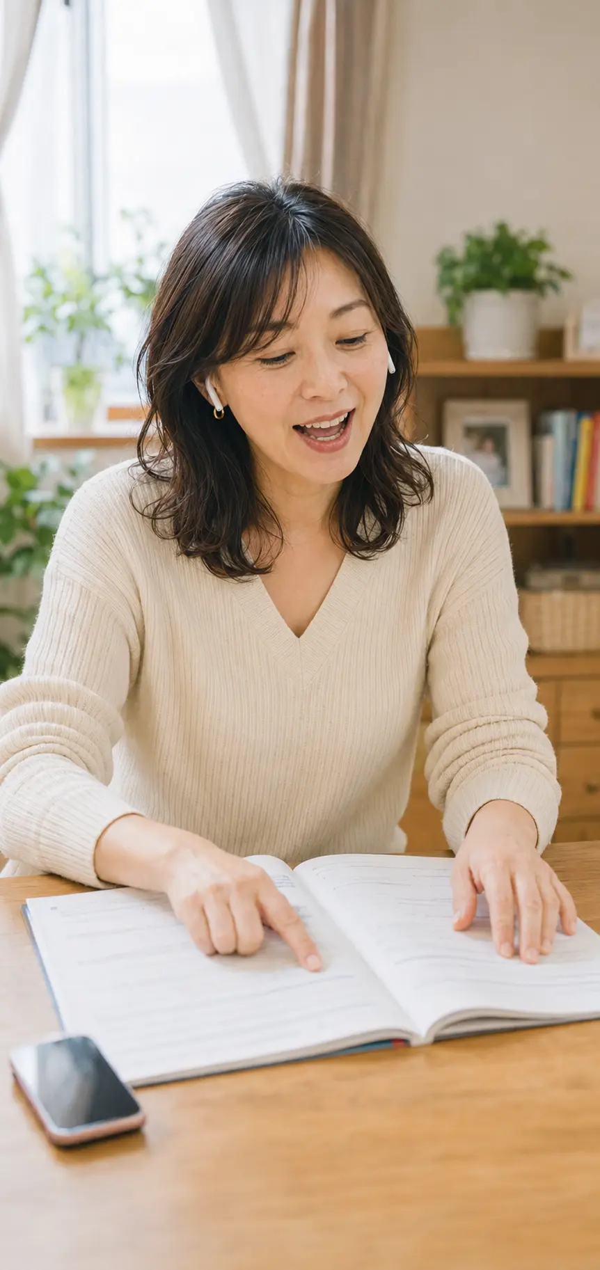 自宅でネイティブ音声を聞きながら英語を復習する女性