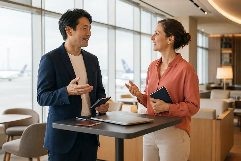 海外出張先で外国人と会話するイメージ
