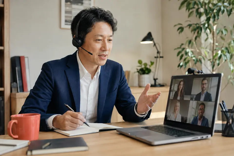 外国人の同僚と英語でオンライン会議をするイメージ
