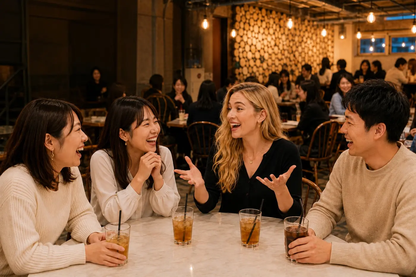 外国人参加者と日本人参加者が笑顔で英語を楽しむ小倉の英会話カフェ