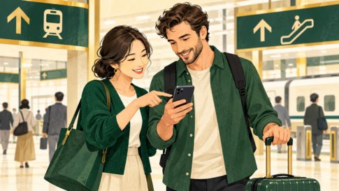 駅でスマートフォンを見ながら旅行者の道案内を手伝う女性のイラスト